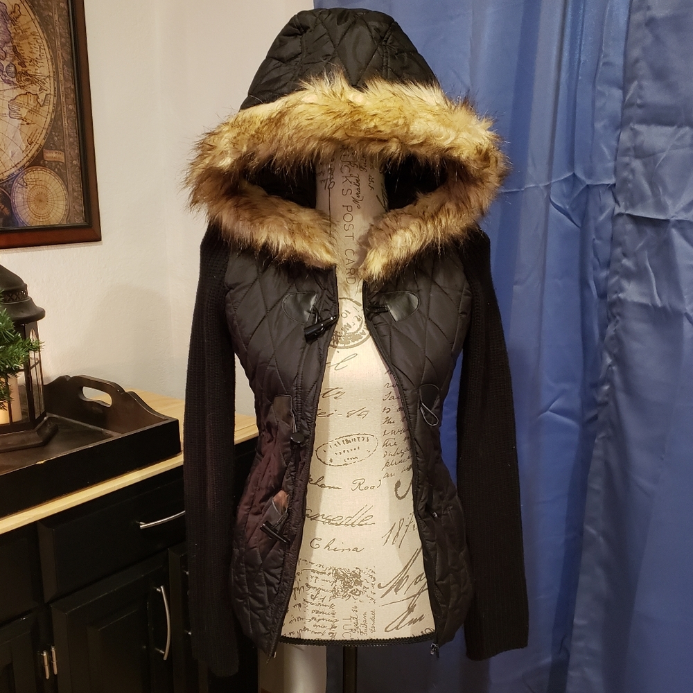 Faux fur hooded bomber jacket